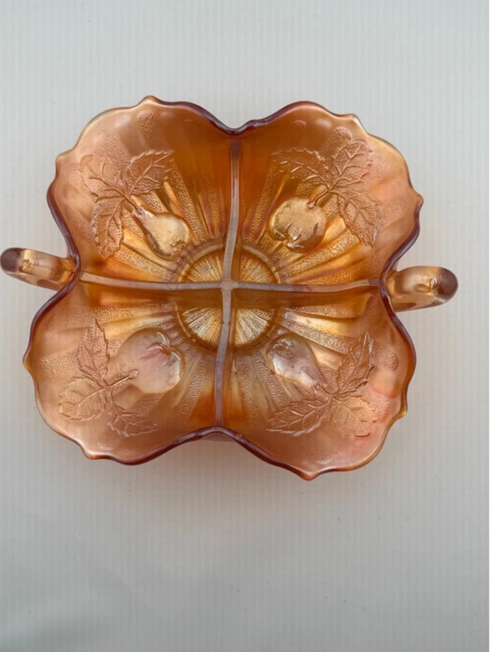 Rare Vintage Fenton Two Fruits Marigold Carnival Glass Divided Bonbon Dish